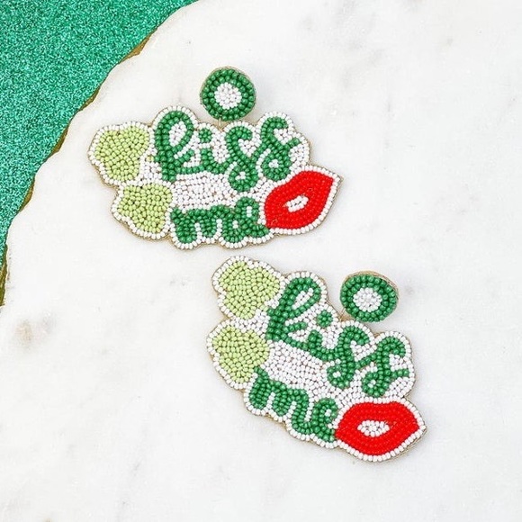 prep obsessed Jewelry - NEW St. Patrick’s Day Seed Beaded Kiss Me Statement Earrings